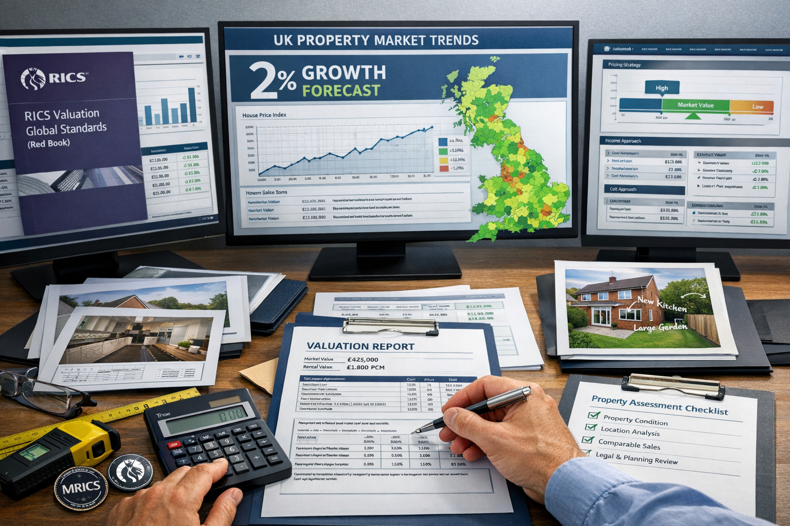 Detailed landscape format (1536x1024) image showing professional surveyor's workspace with multiple screens displaying RICS Red Book standar