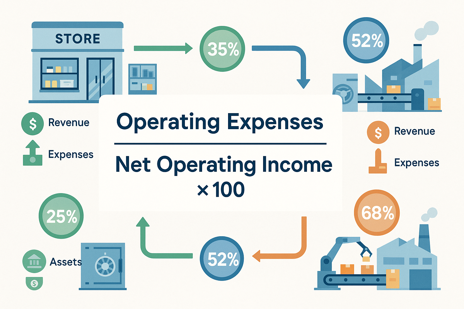 Detailed landscape illustration (1536x1024) showing foundational efficiency ratio concept with visual formula breakdown. Center displays lar