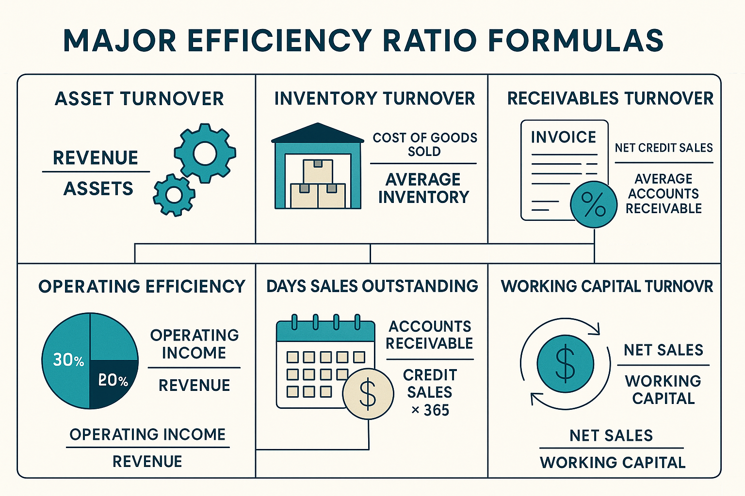 Comprehensive landscape infographic (1536x1024) displaying six major efficiency ratio formulas in organized grid layout. Each formula occupi