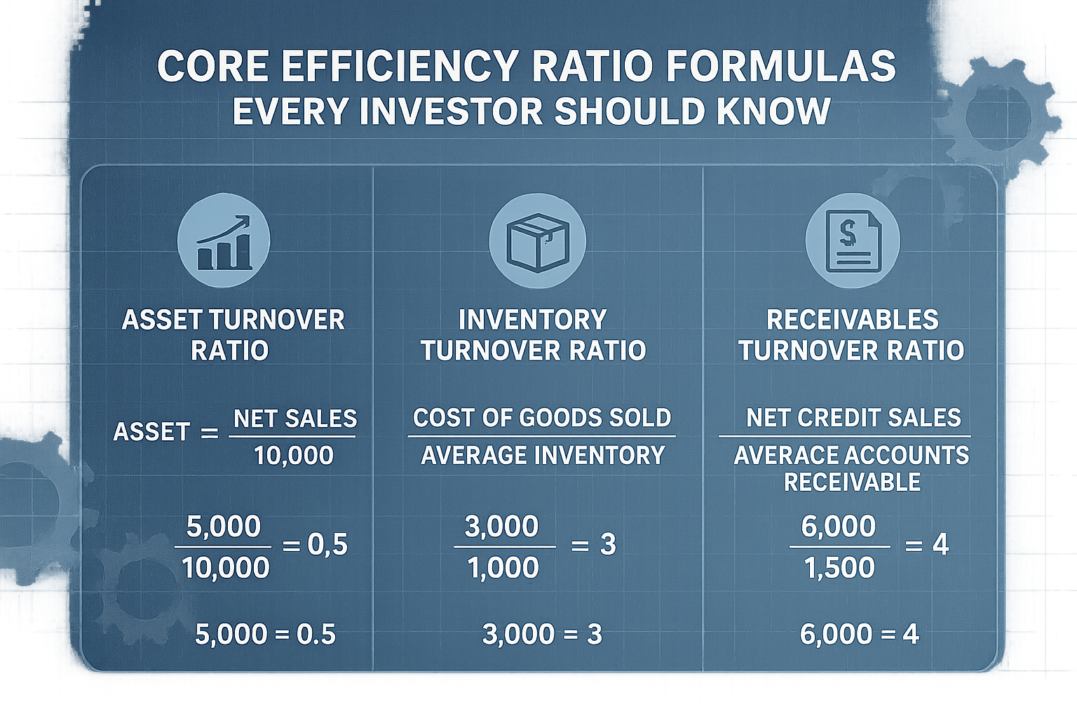 Professional editorial infographic visualizing 'Core Efficiency Ratio Formulas Every Investor Should Know' with precision-designed financial