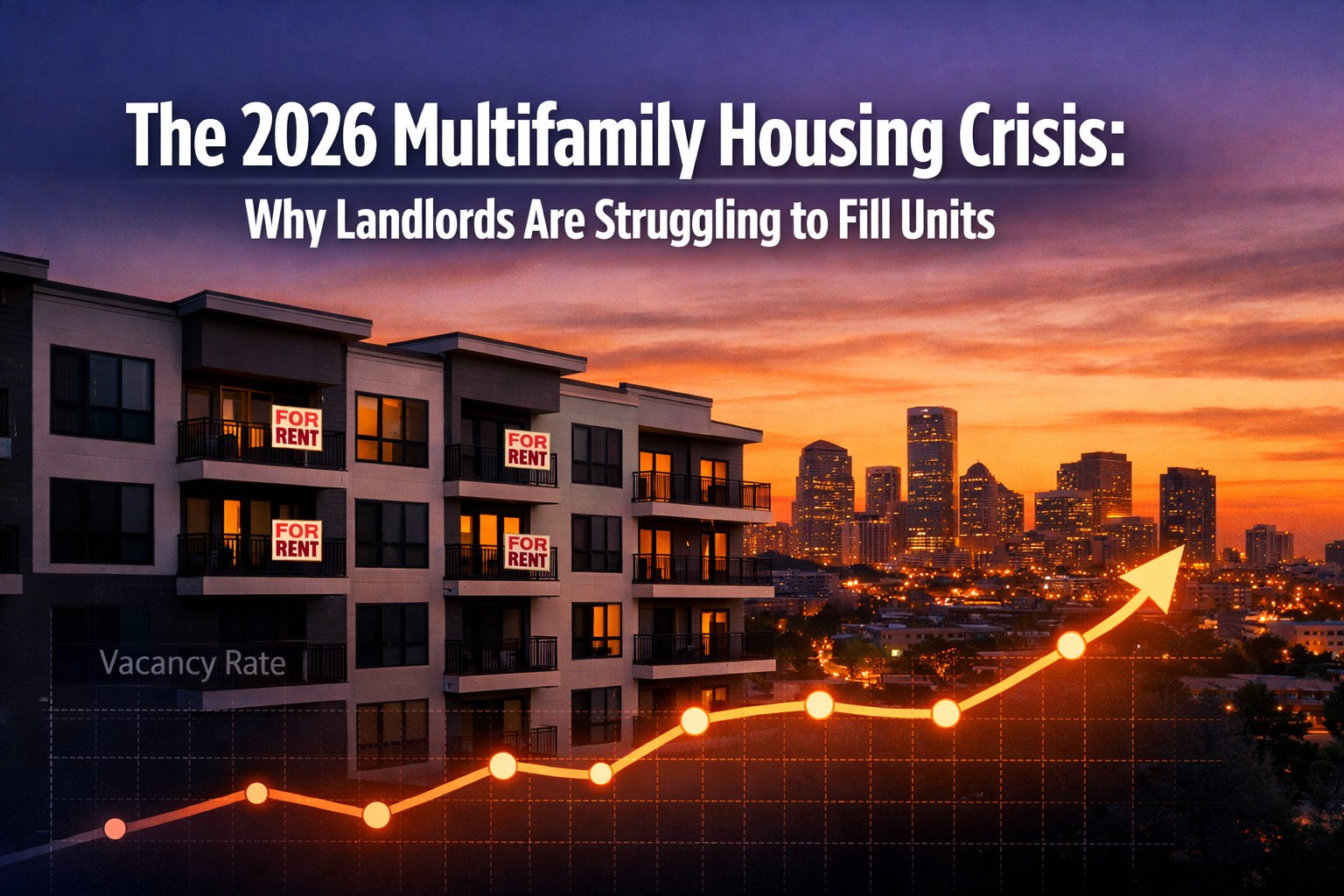 Professional landscape format (1536x1024) hero image featuring bold text overlay 'The 2026 Multifamily Housing Crisis: Why Landlords Are Str