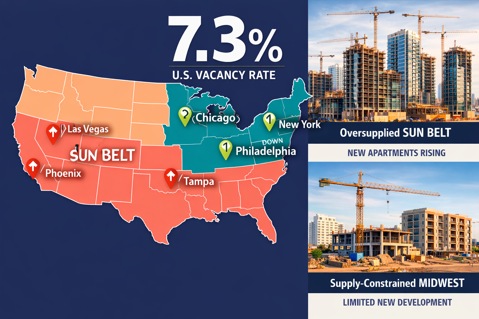 Landscape format (1536x1024) editorial infographic showing US map with Sun Belt and Midwest regions highlighted in contrasting colors. Phoen