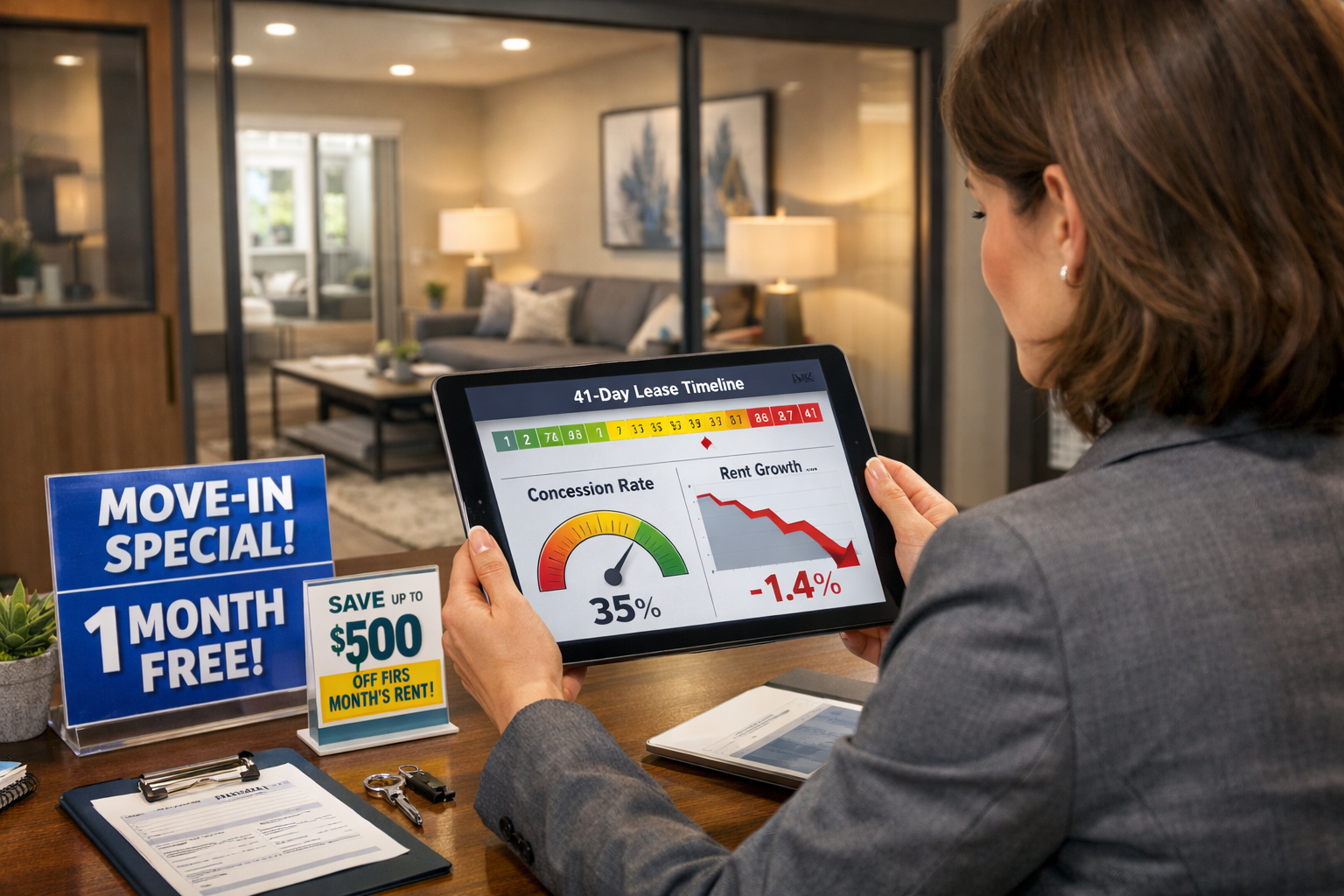 Landscape format (1536x1024) detailed illustration of apartment property manager reviewing financial dashboard on tablet in modern leasing o