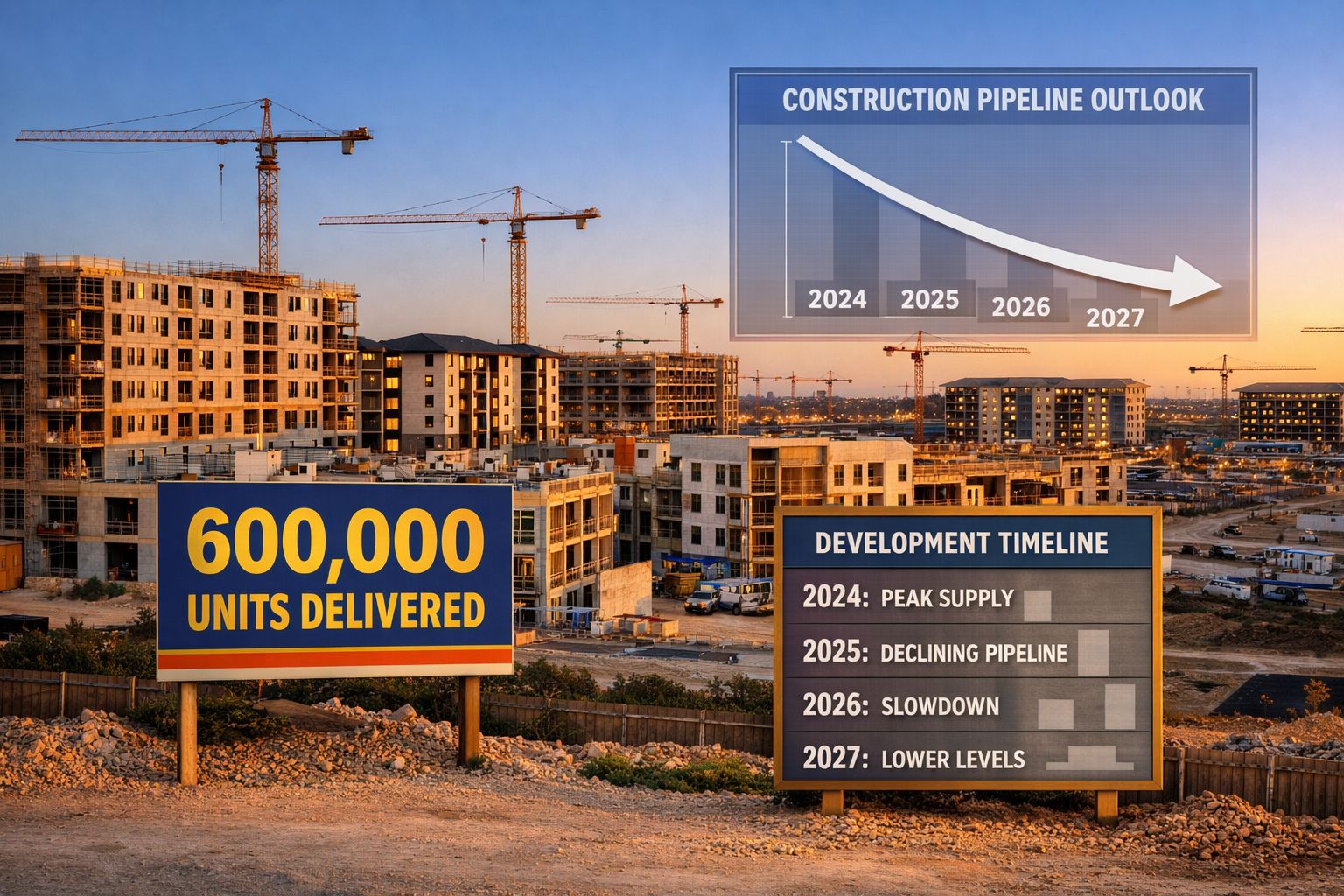 Landscape format (1536x1024) construction site overview showing multiple multifamily apartment buildings in various completion stages across