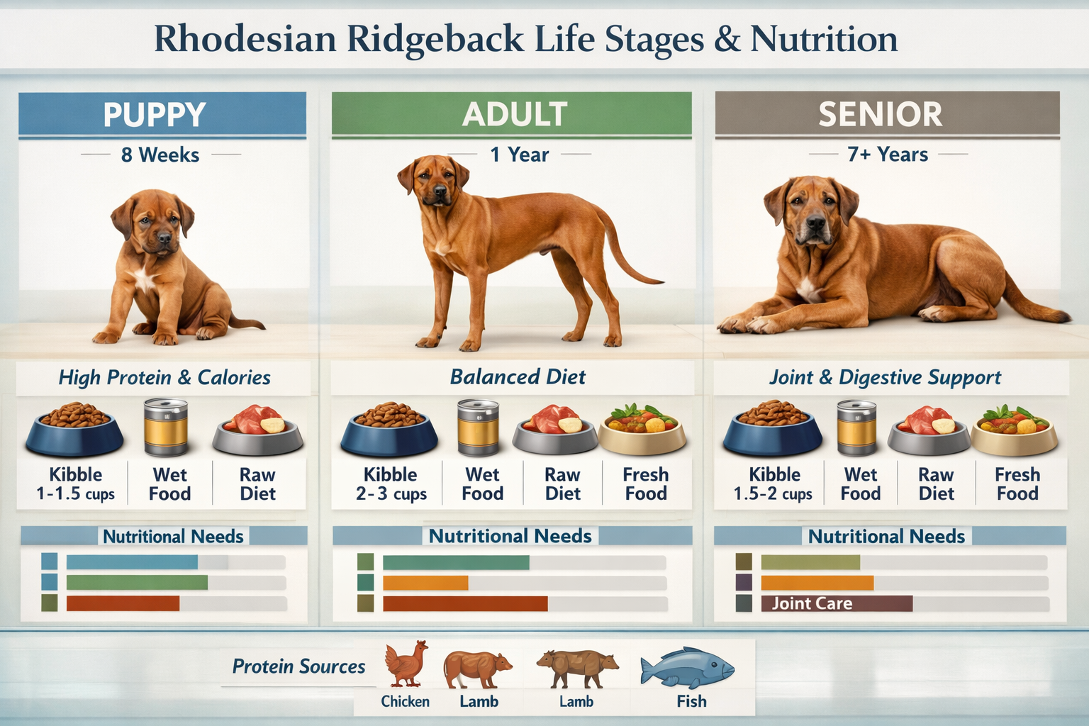 Detailed landscape format (1536x1024) infographic showing Rhodesian Ridgeback life stages from puppy to senior, with corresponding food type