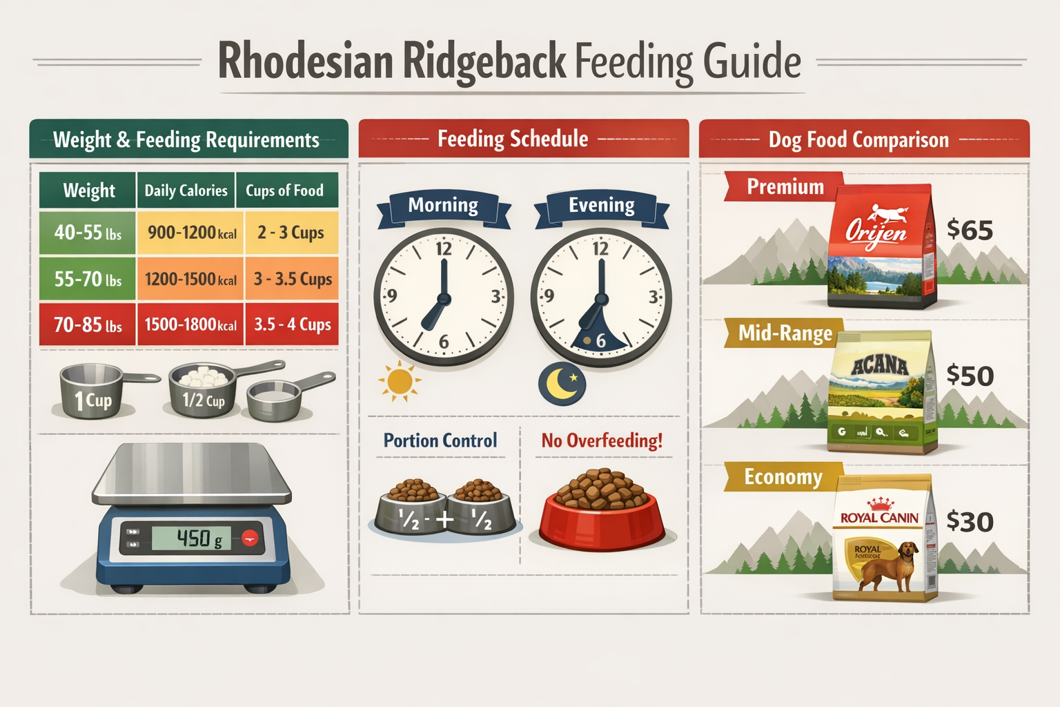 Comprehensive landscape format (1536x1024) feeding guide chart displaying Rhodesian Ridgeback weight categories (40-85 lbs) with correspondi