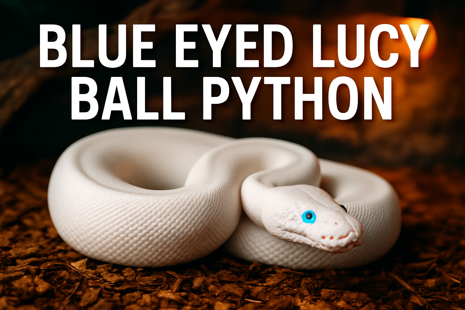Professional landscape hero image (1536x1024) featuring a stunning blue eyed lucy ball python with pristine white scales and piercing blue e