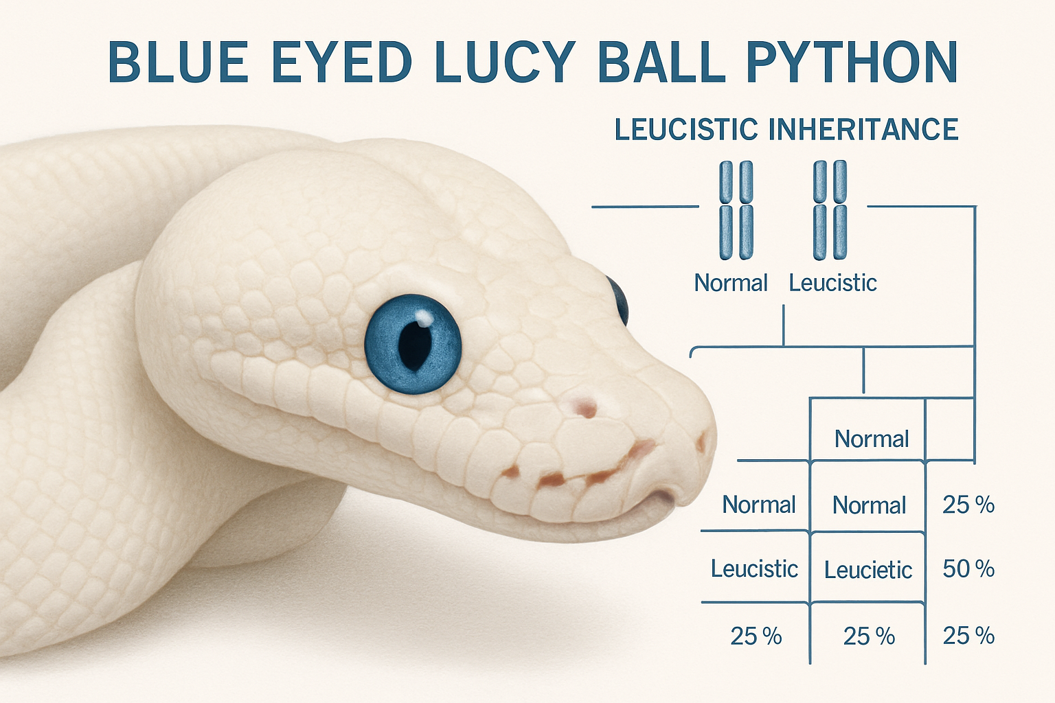 Close-up portrait of blue eyed lucy ball python showing intricate scale detail and mesmerizing blue eyes, with genetics diagram overlay show