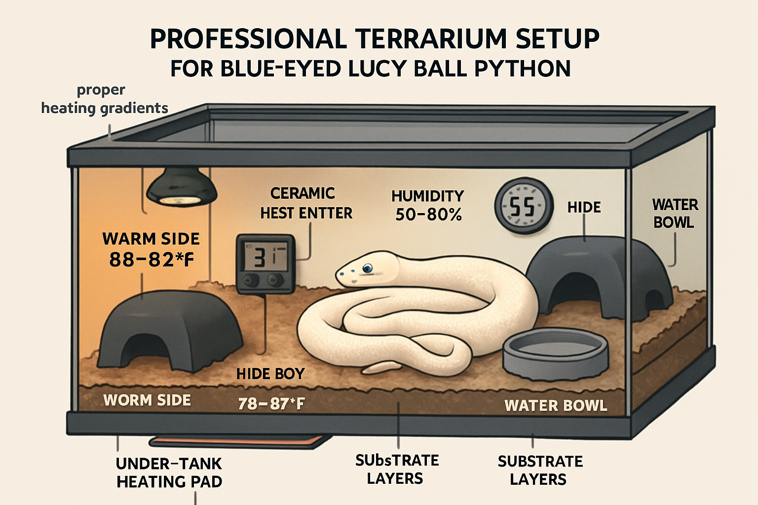 Professional terrarium setup for blue eyed lucy ball python featuring proper heating gradients, humidity gauges, hide boxes, water bowls, an