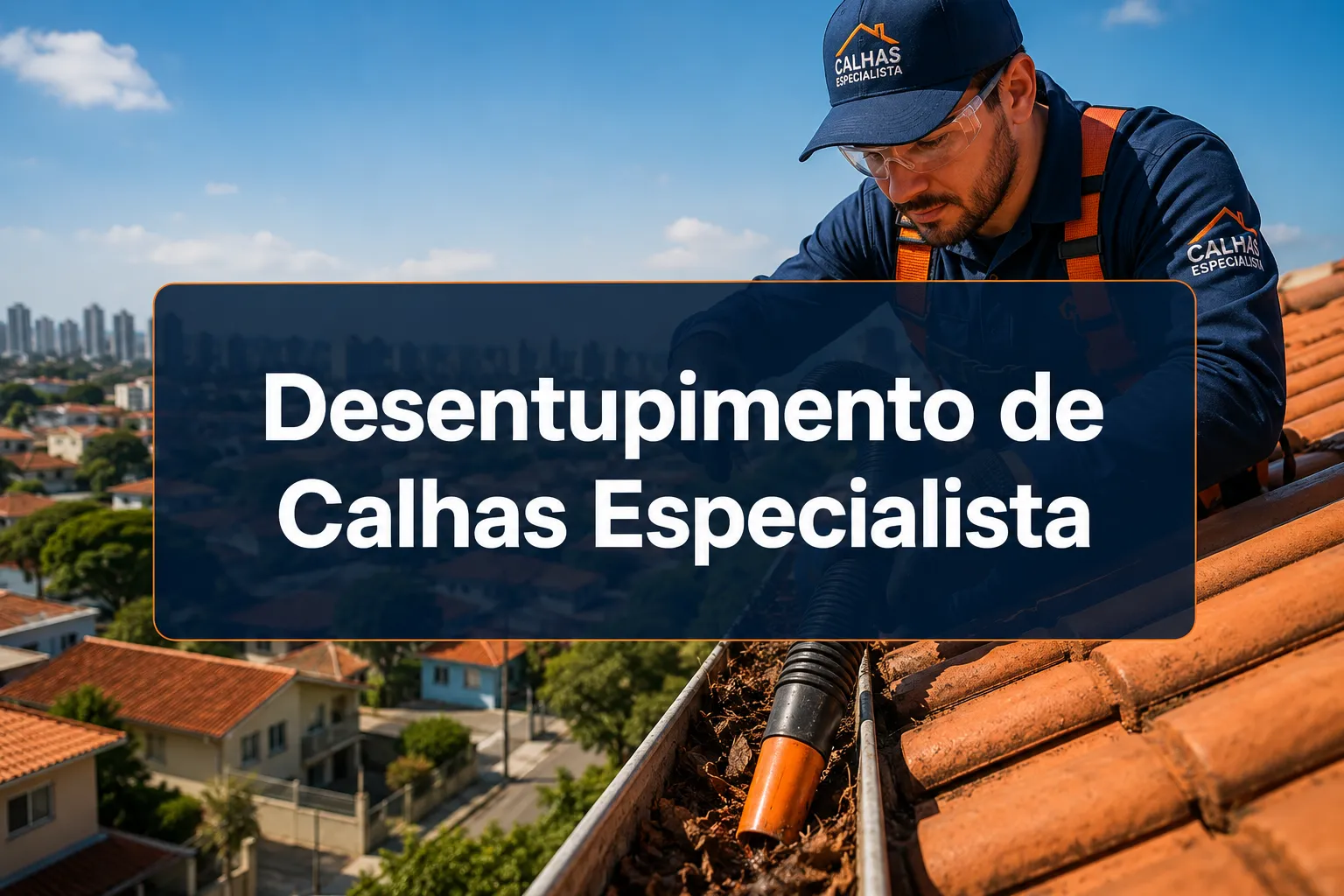 Professional () hero image with centered (max 42 chars): 'Desentupimento de Calhas Especialista' in crisp white on a deep