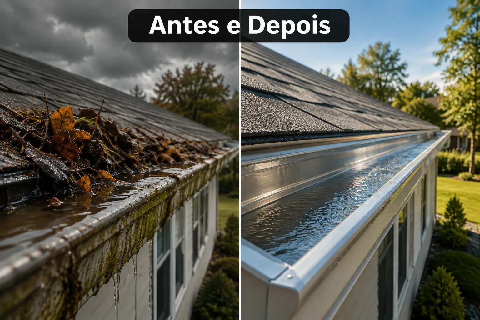 Editorial () split-screen composition: left half shows a clogged residential gutter overflowing with brown leaves, mud, and