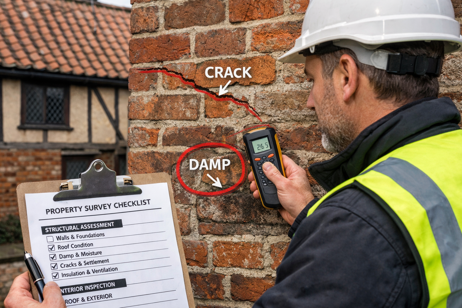 Detailed () image showing close-up of professional building surveyor conducting detailed property inspection in East Anglia,
