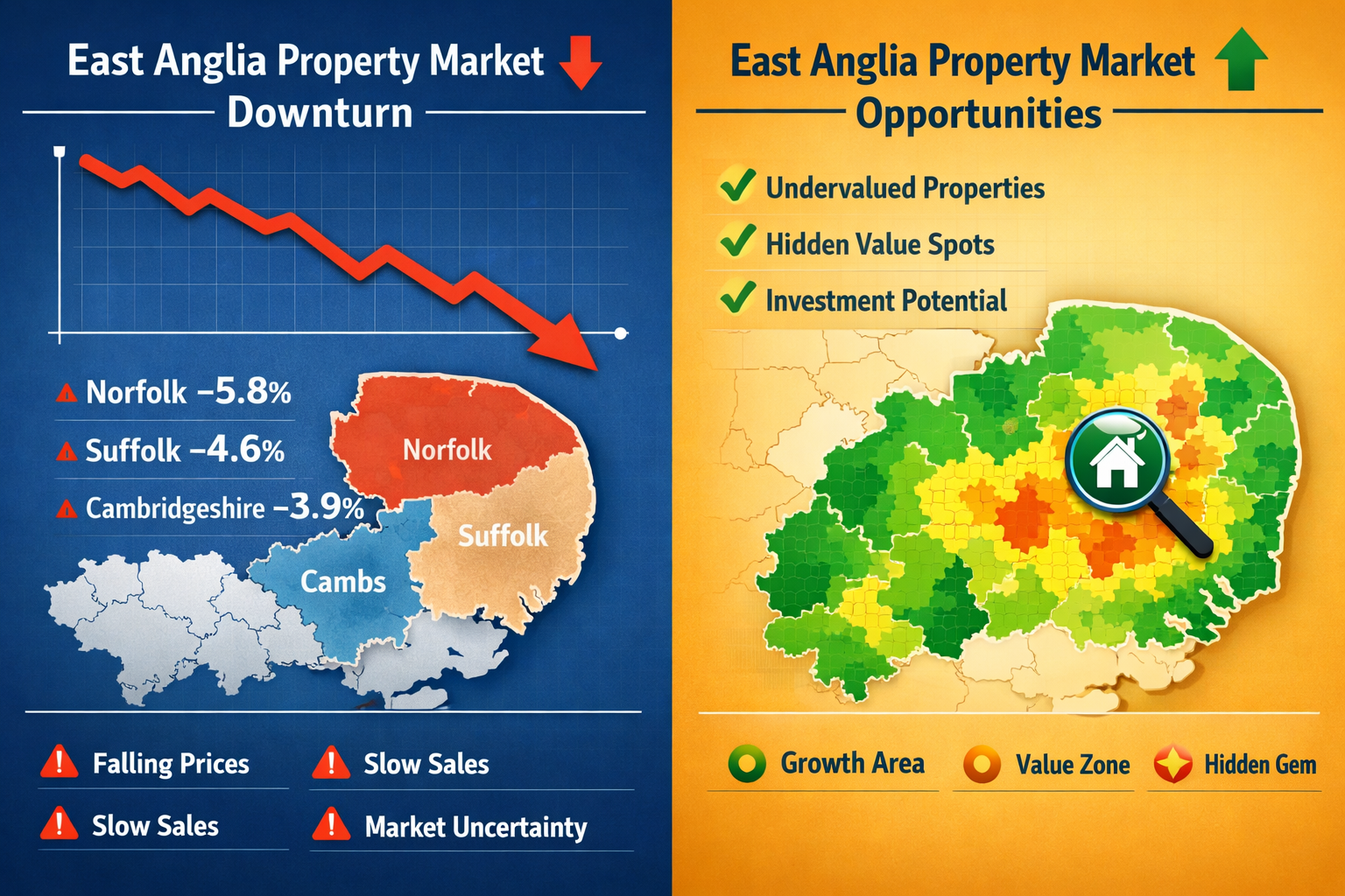 () split-screen comparison infographic showing East Anglia property market data visualization, left side displays downward