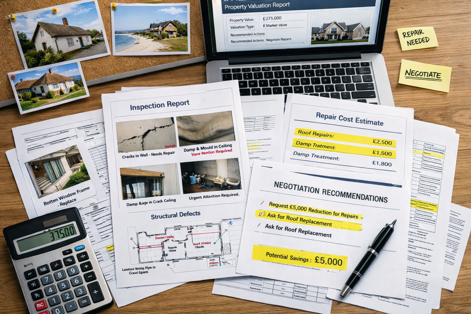 Detailed () image showing surveyor's detailed inspection report documentation spread on desk, multiple pages with annotated