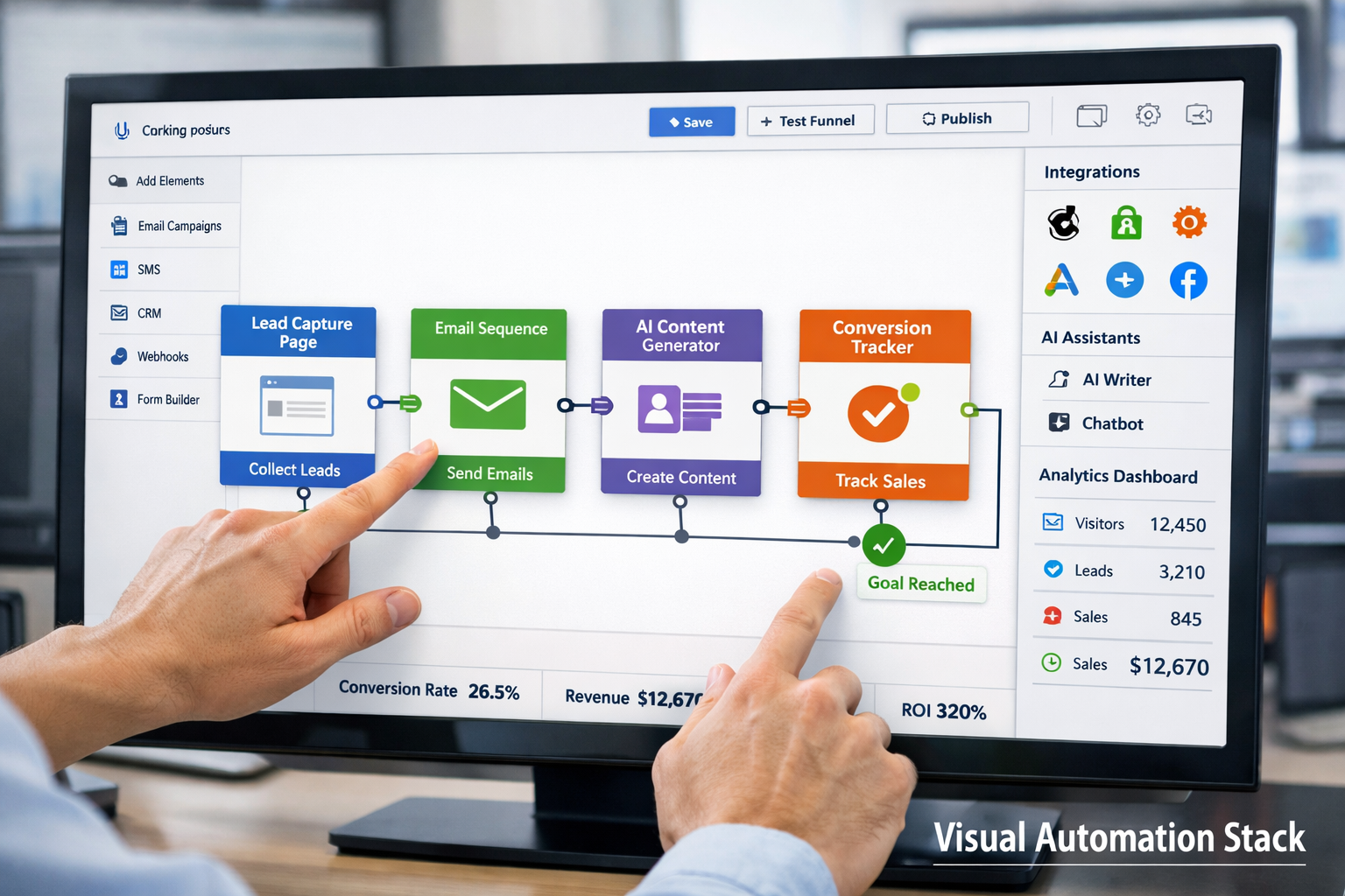 Landscape format (1536x1024) editorial image showing detailed low-code platform interface with drag-and-drop components for affiliate funnel