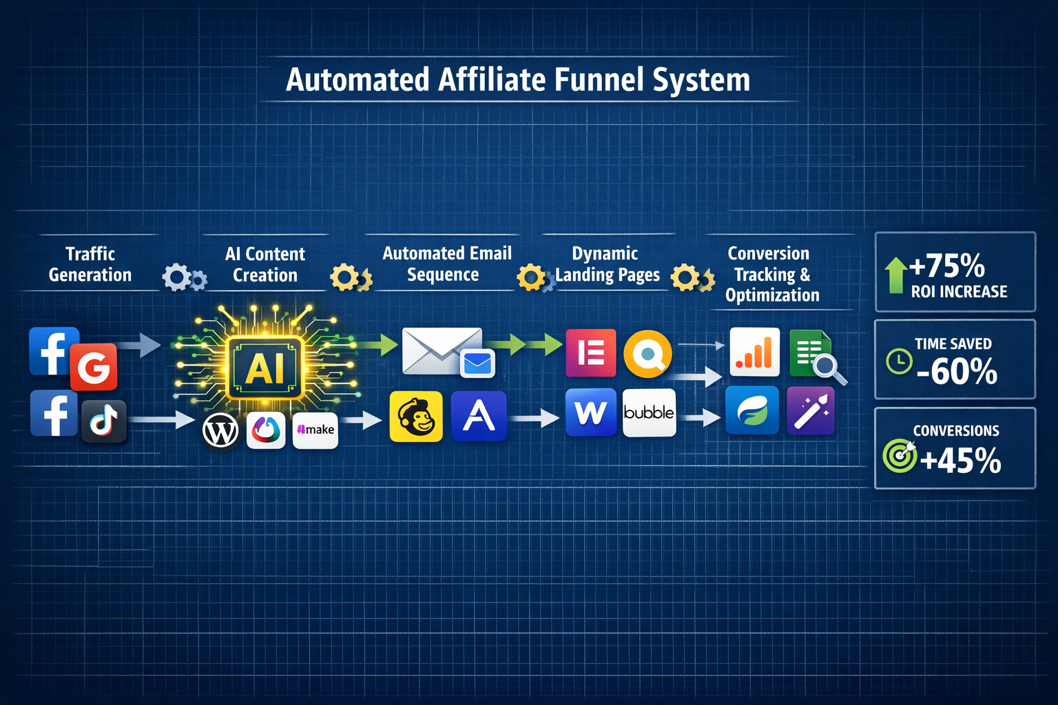 Landscape format (1536x1024) infographic-style image illustrating complete end-to-end affiliate funnel automation system. Central flowchart