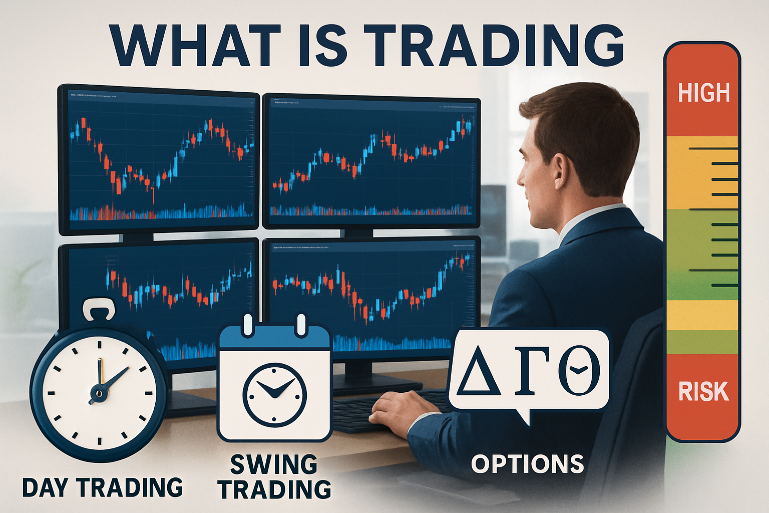 Detailed landscape infographic (1536x1024) showing 'What Is Trading' concept with visual representation of day trader at multiple computer m