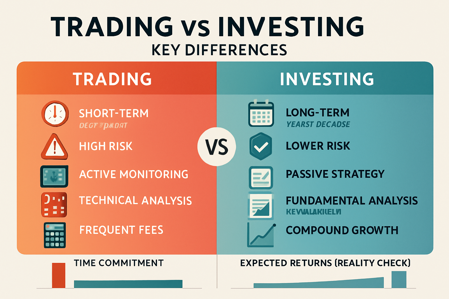 Comprehensive comparison table visualization (1536x1024) titled 'Trading vs Investing: Key Differences' displayed as professional infographi