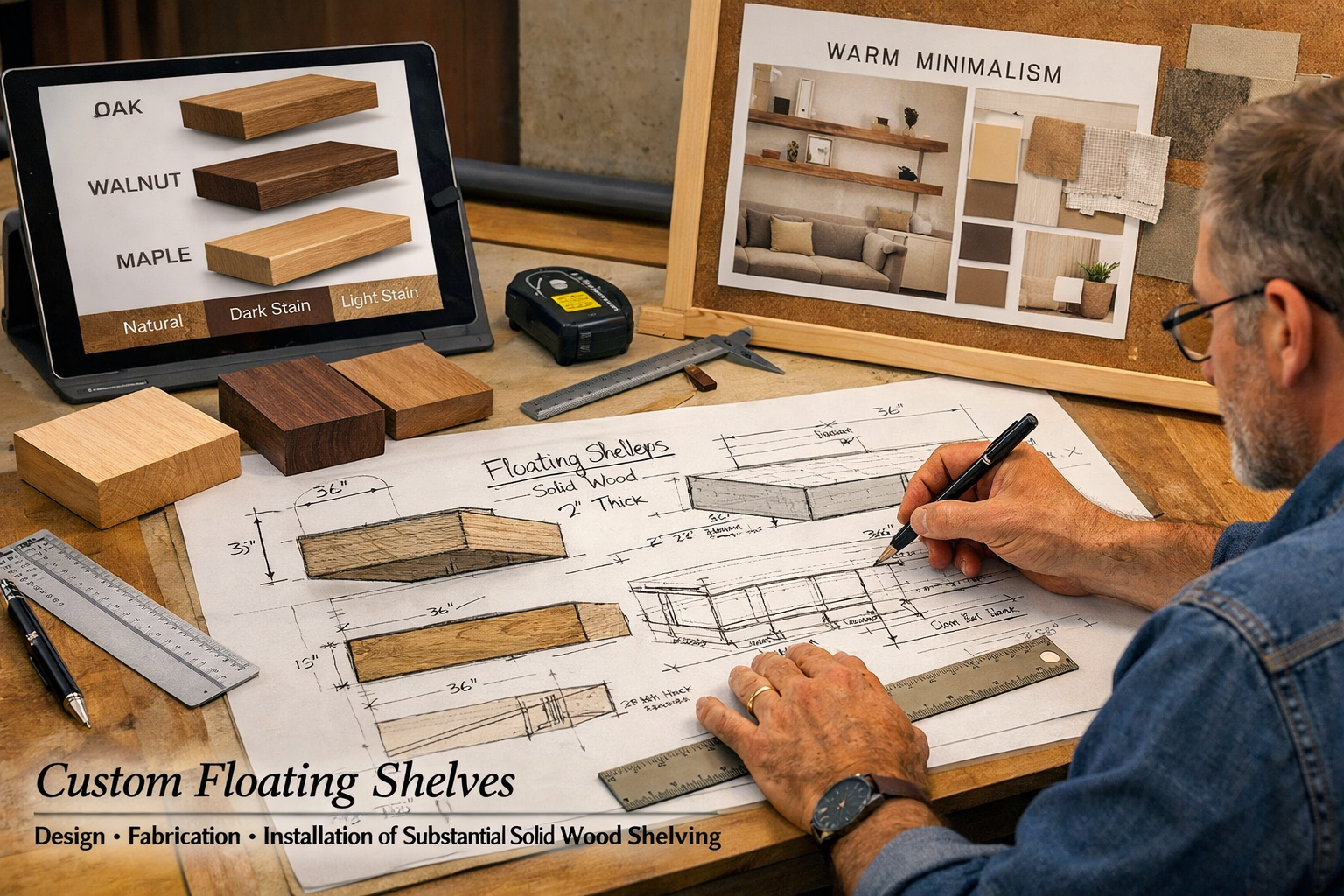 Landscape format (1536x1024) image illustrating the design phase of custom floating shelves. It shows a skilled designer at a drafting table