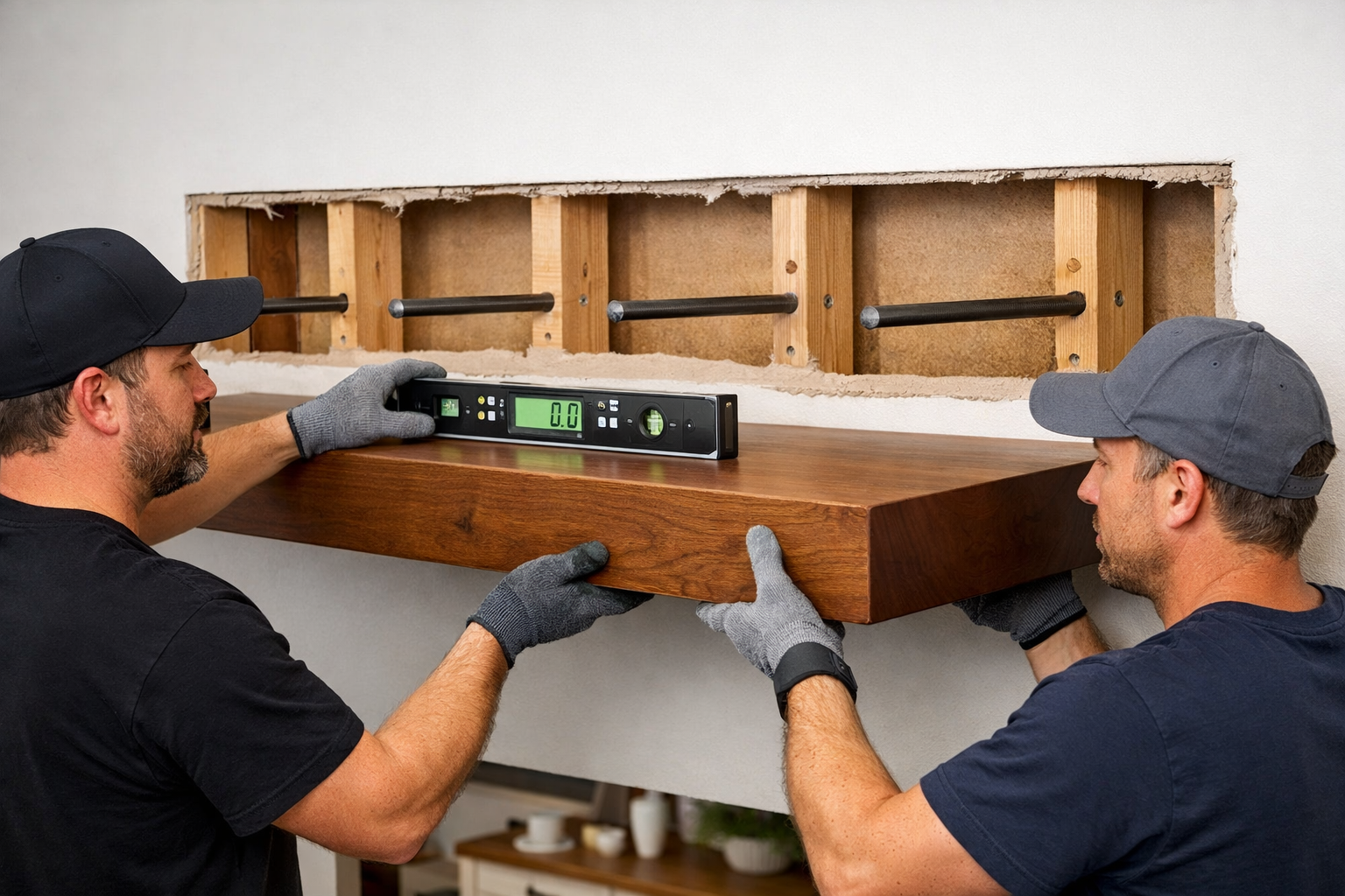 Landscape format (1536x1024) image demonstrating the secure installation of a substantial solid wood floating shelf. Two skilled installers 