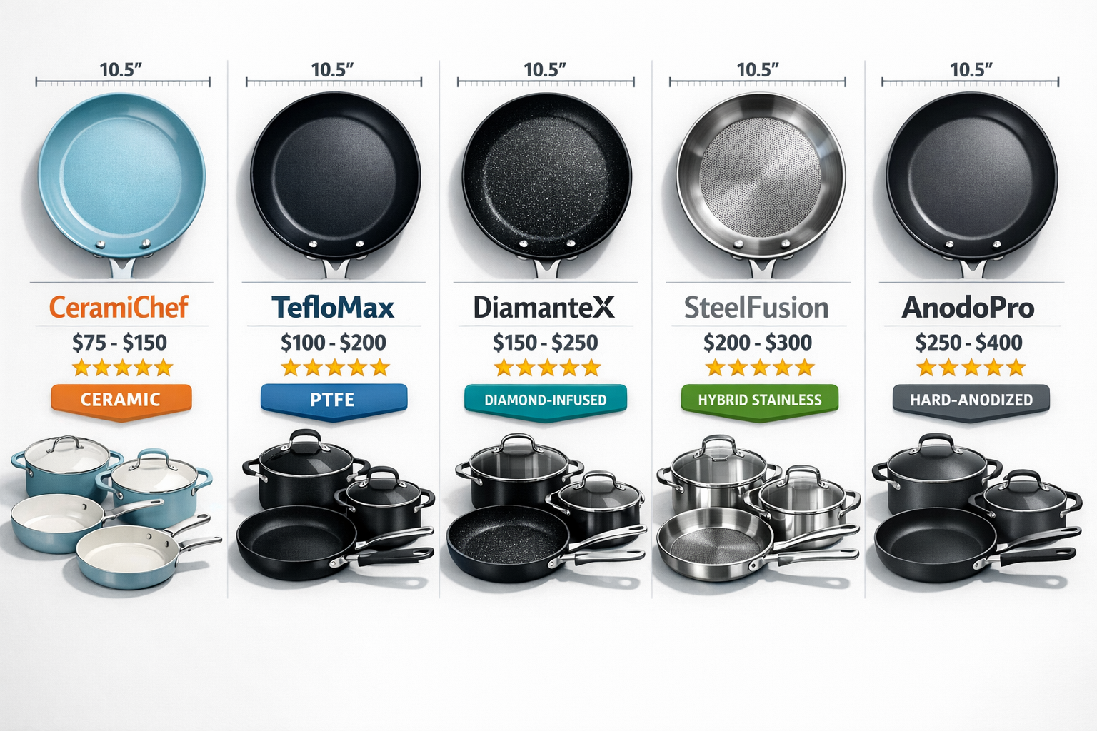 Detailed landscape format (1536x1024) image showing comparison grid of five premium nonstick cookware sets arranged side-by-side on white ba