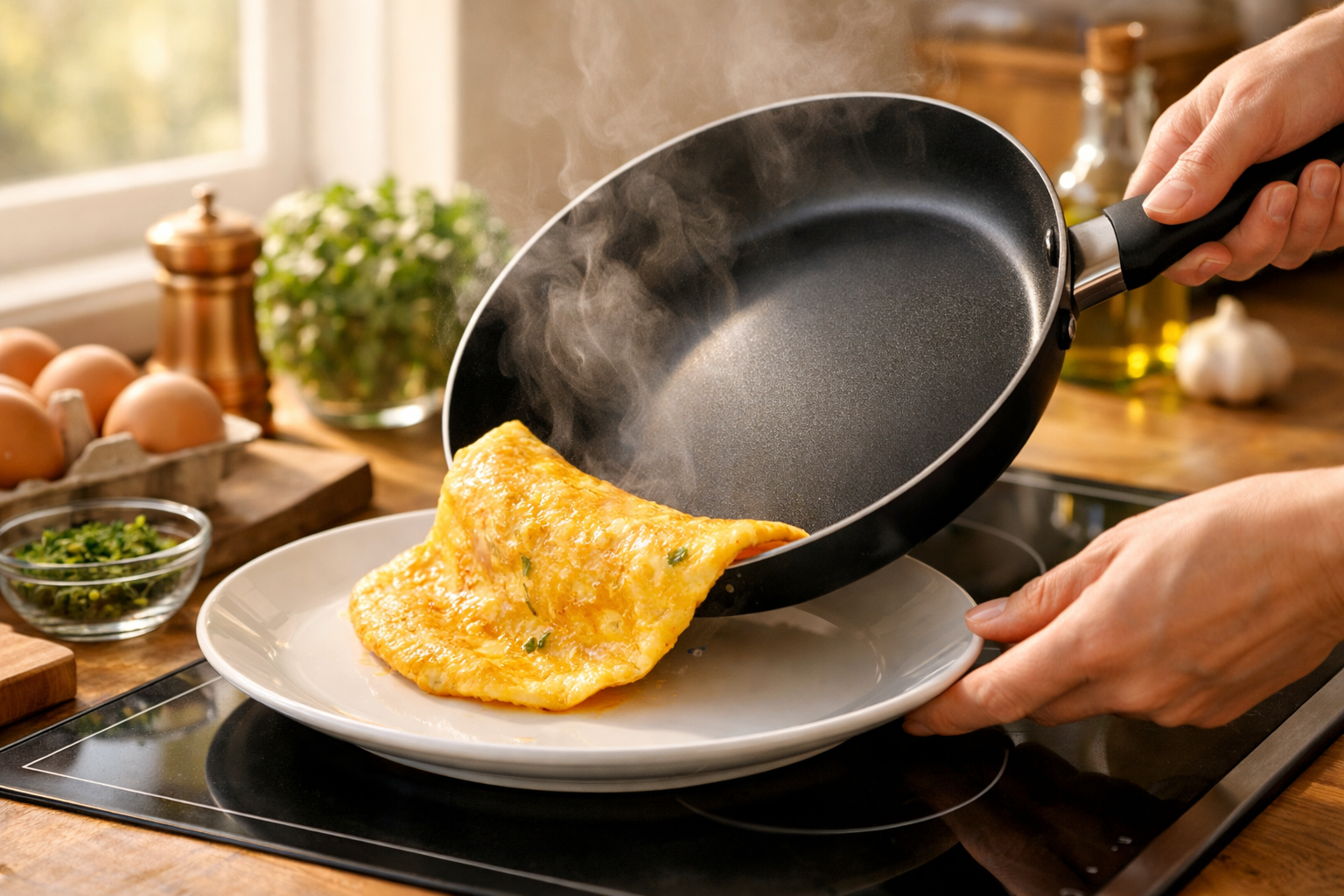 Detailed landscape format (1536x1024) lifestyle photograph showing home cook's hands using nonstick frying pan on modern induction cooktop, 