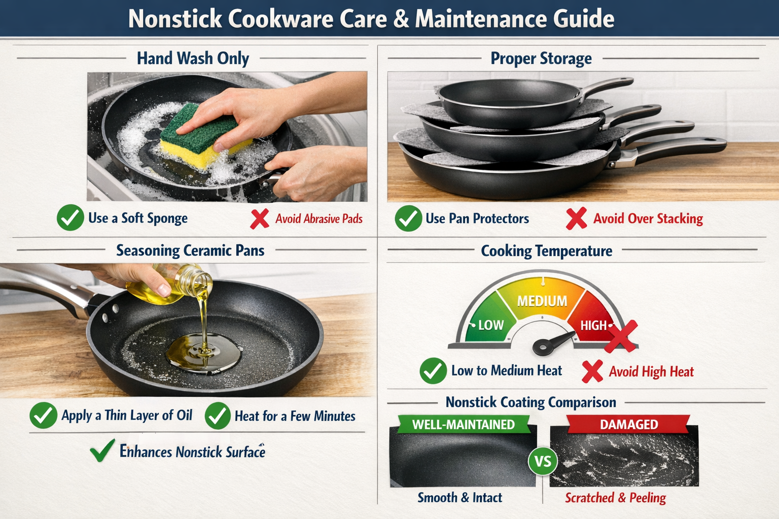 Detailed landscape format (1536x1024) comprehensive care and maintenance guide visual showing step-by-step nonstick cookware preservation te