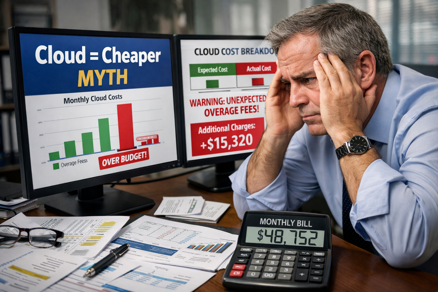 Frustrated CFO staring at two computer screens showing cloud cost comparison charts with unexpected overage fees highlighted in red, one scr