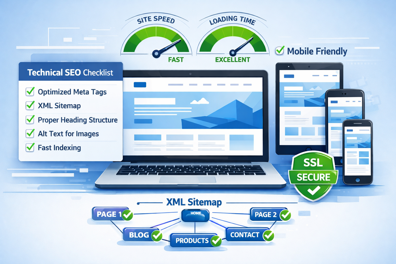 SEO Tips For Website Landscape format (1536x1024) illustration showing website foundation elements as building blocks - clean modern website mockup on laptop screen with technical SEO checklist overlay, site speed indicators, mobile-responsive design preview on tablet and phone, SSL certificate badge, and XML sitemap visualization with interconnected nodes, professional blue and white color scheme with green checkmarks indicating completed optimizations SEO Tips For Website