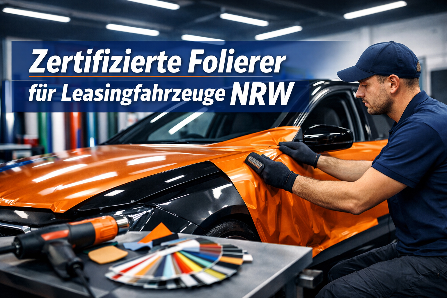 Professional landscape format (1536x1024) hero image featuring bold text overlay 'Zertifizierte Folierer für Leasingfahrzeuge NRW' in extra