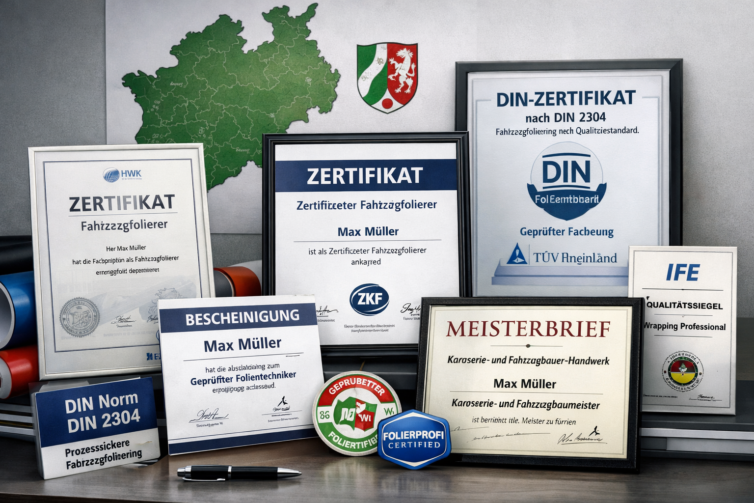 Landscape format (1536x1024) detailed image showing certification documents and professional credentials for vehicle wrapping specialists in