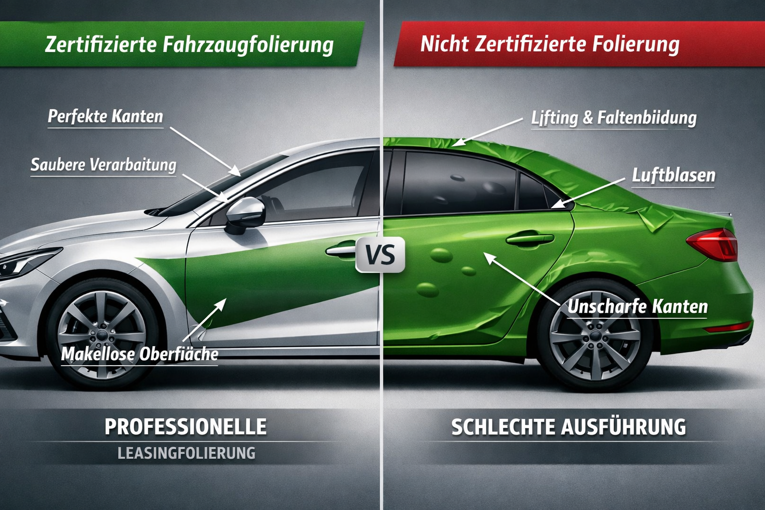 Landscape format (1536x1024) comparison infographic showing side-by-side visual differences between certified and non-certified vehicle wrap