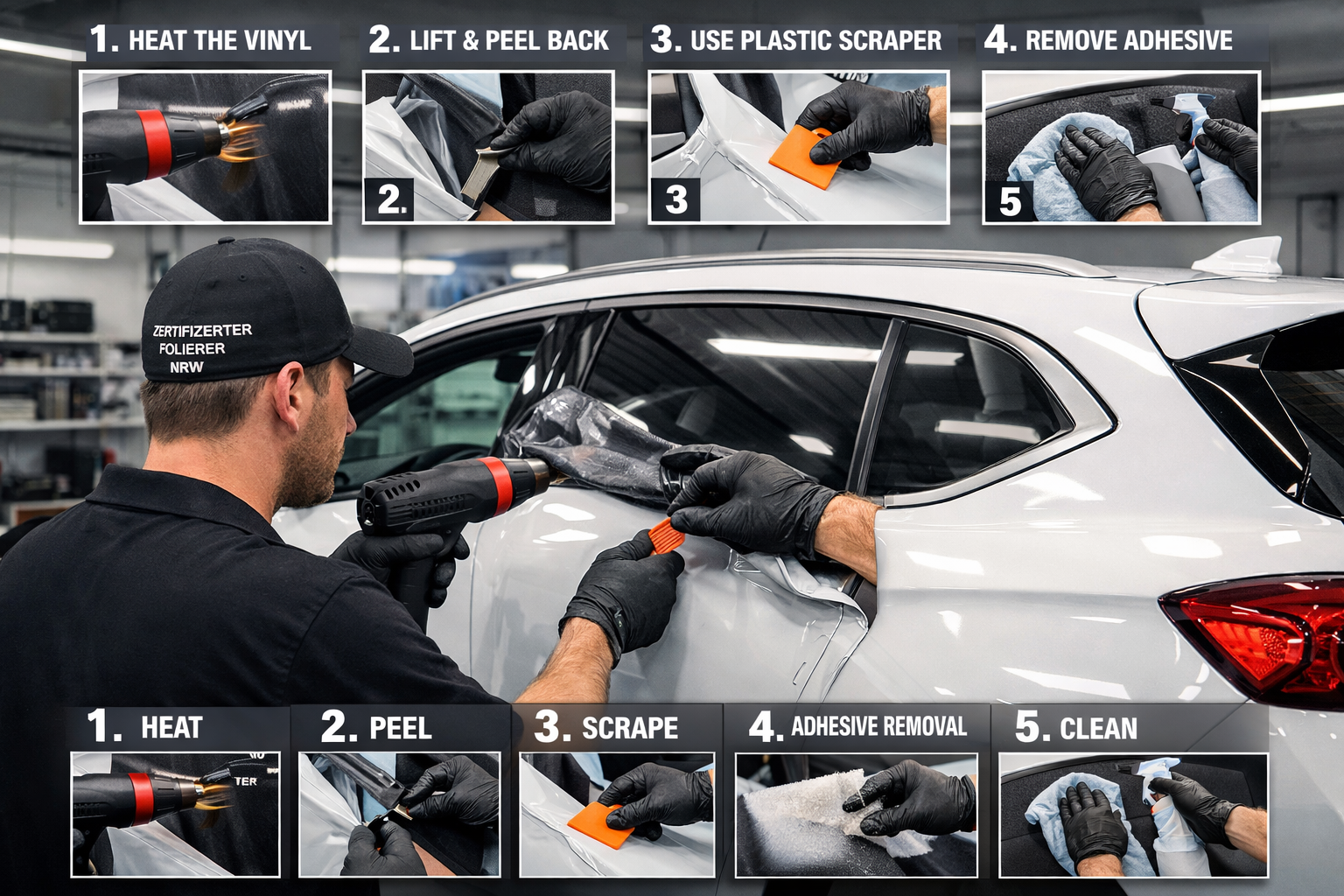 Landscape format (1536x1024) detailed workshop scene showing certified folierer demonstrating proper vinyl removal technique on returned lea