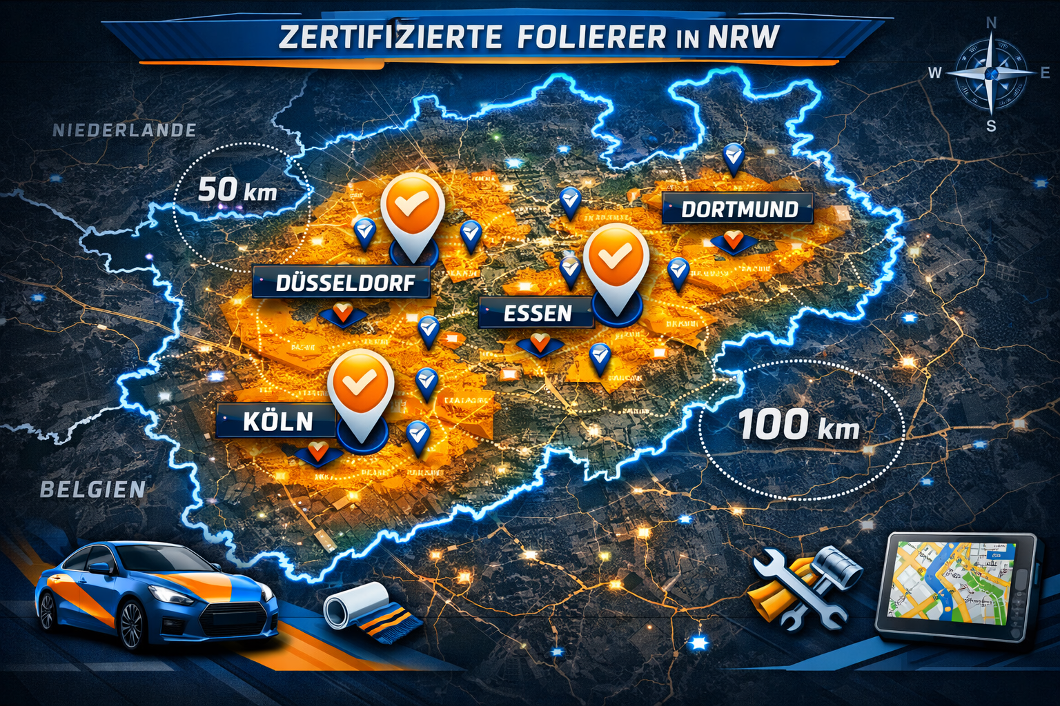 Landscape format (1536x1024) map of North Rhine-Westphalia with location pins marking certified folierer locations across major cities inclu