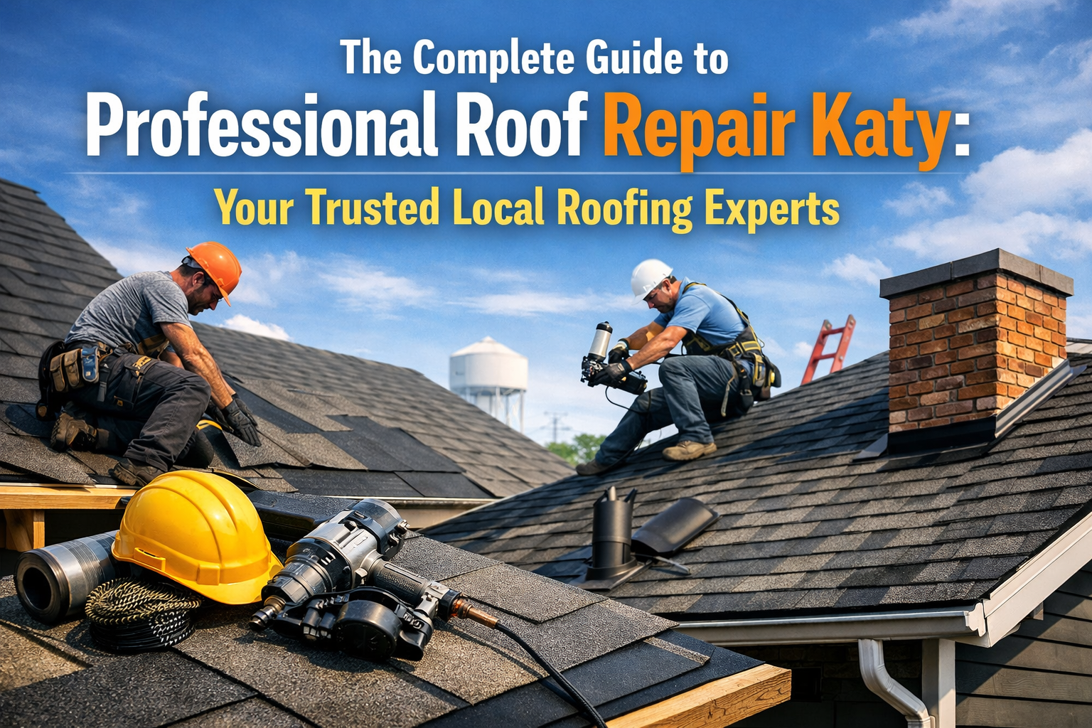Professional landscape hero image (1536x1024) with bold text overlay: "The Complete Guide to Professional Roof Repair Katy: Your Trusted Loc