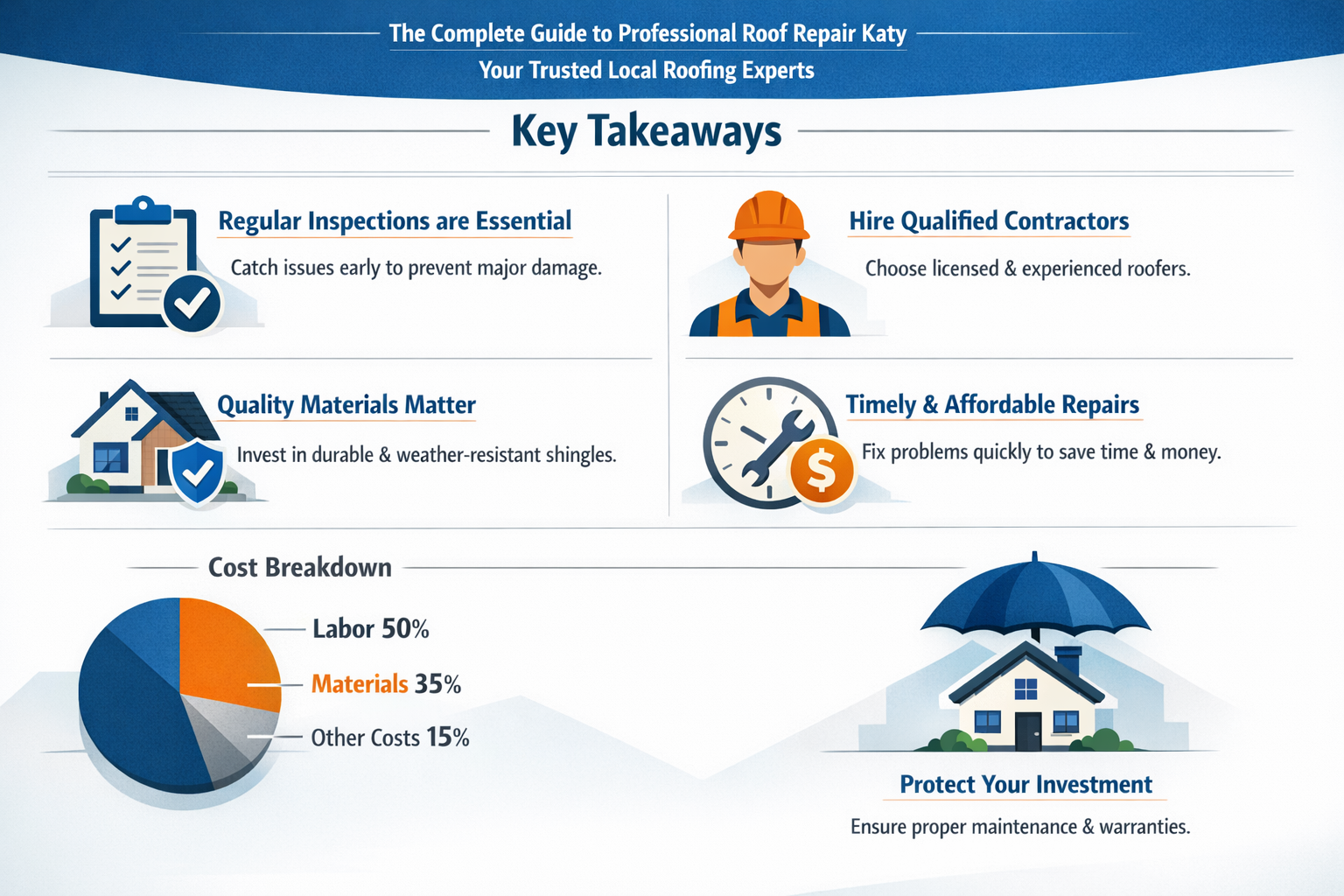 Professional landscape infographic (1536x1024) for article "The Complete Guide to Professional Roof Repair Katy: Your Trusted Local Roofing 