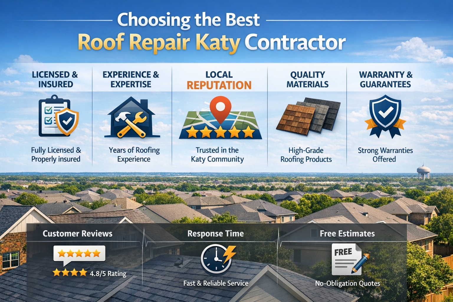 Professional landscape infographic (1536x1024) for article "The Complete Guide to Professional Roof Repair Katy: Your Trusted Local Roofing 