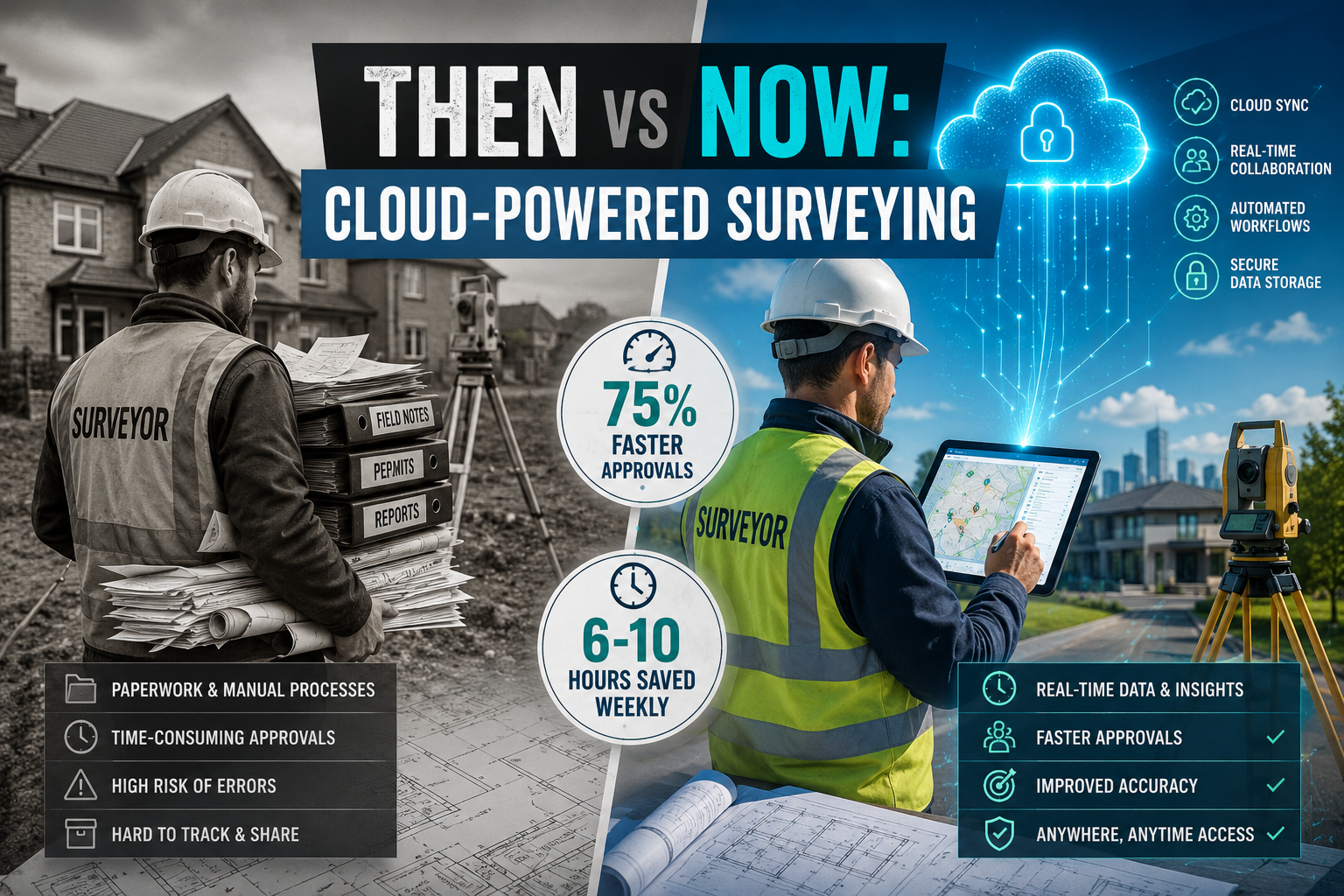 Detailed () infographic-style illustration showing a split-screen comparison: left side depicts a traditional surveyor