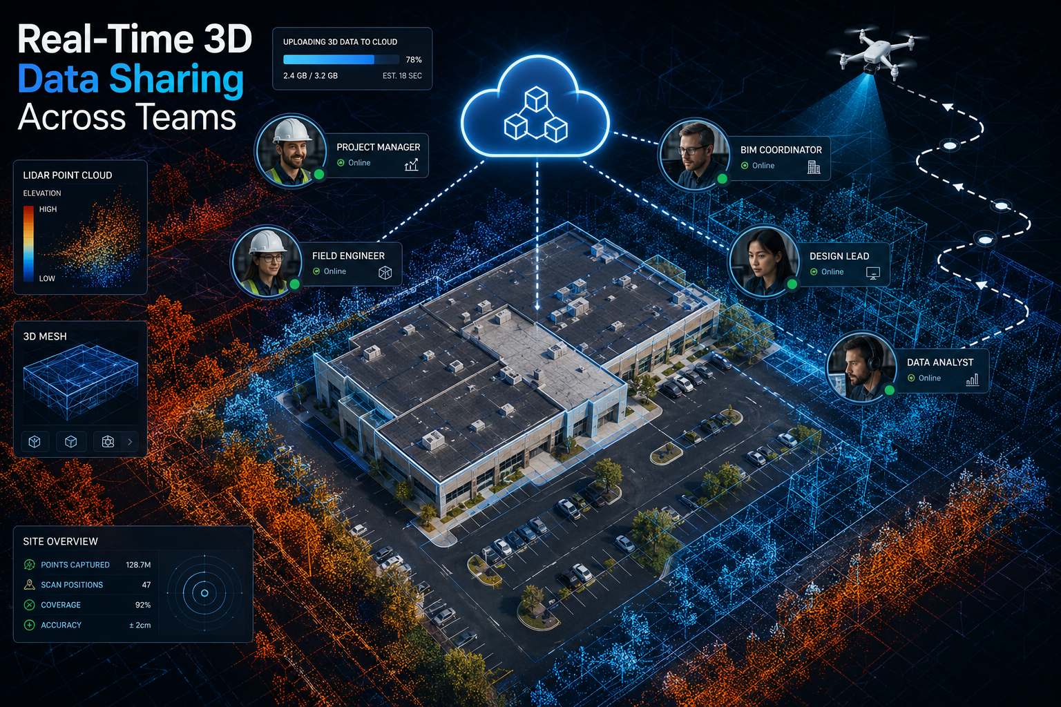 Detailed () top-down bird's-eye view of a large commercial property surrounded by digital elements: LiDAR point cloud