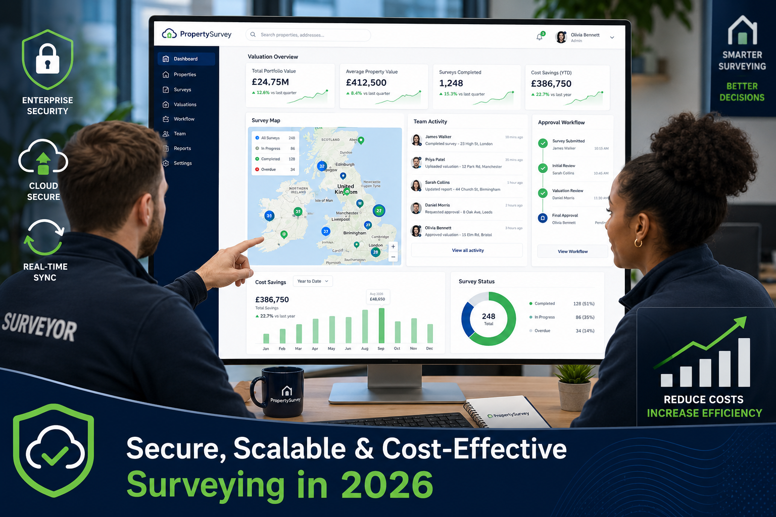 Detailed () clean dashboard mockup showing a cloud-based property surveying platform interface on a large monitor in a