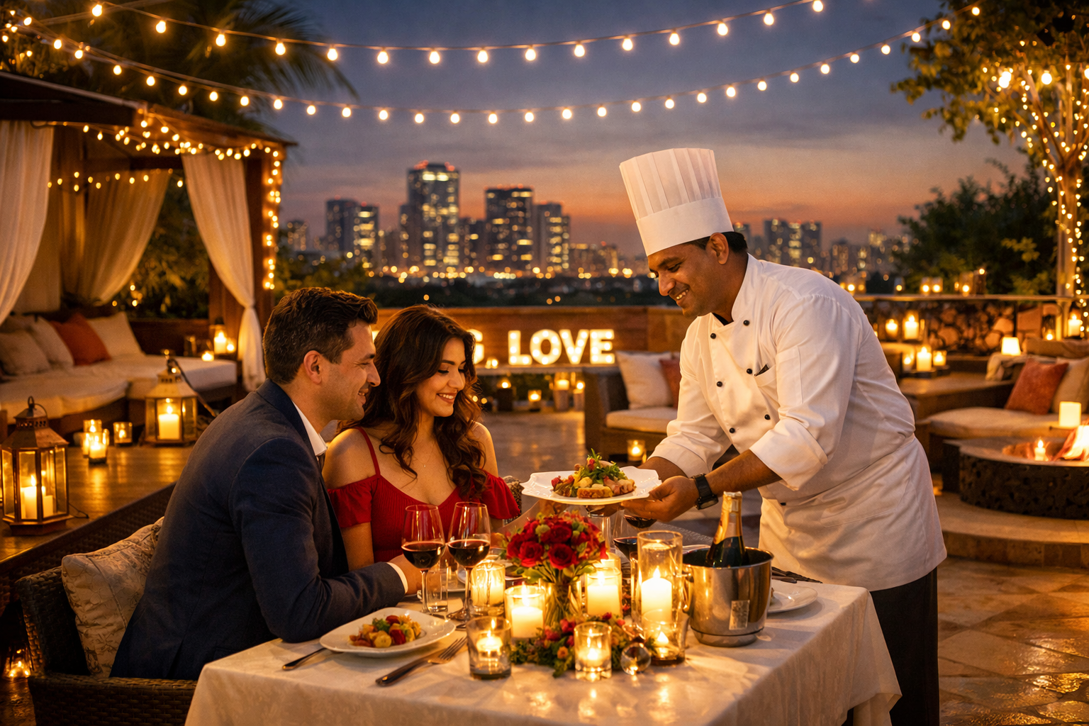 Detailed () image featuring a luxurious, private Airbnb terrace at dusk in Gurgaon, adorned with fairy lights, candles, and
