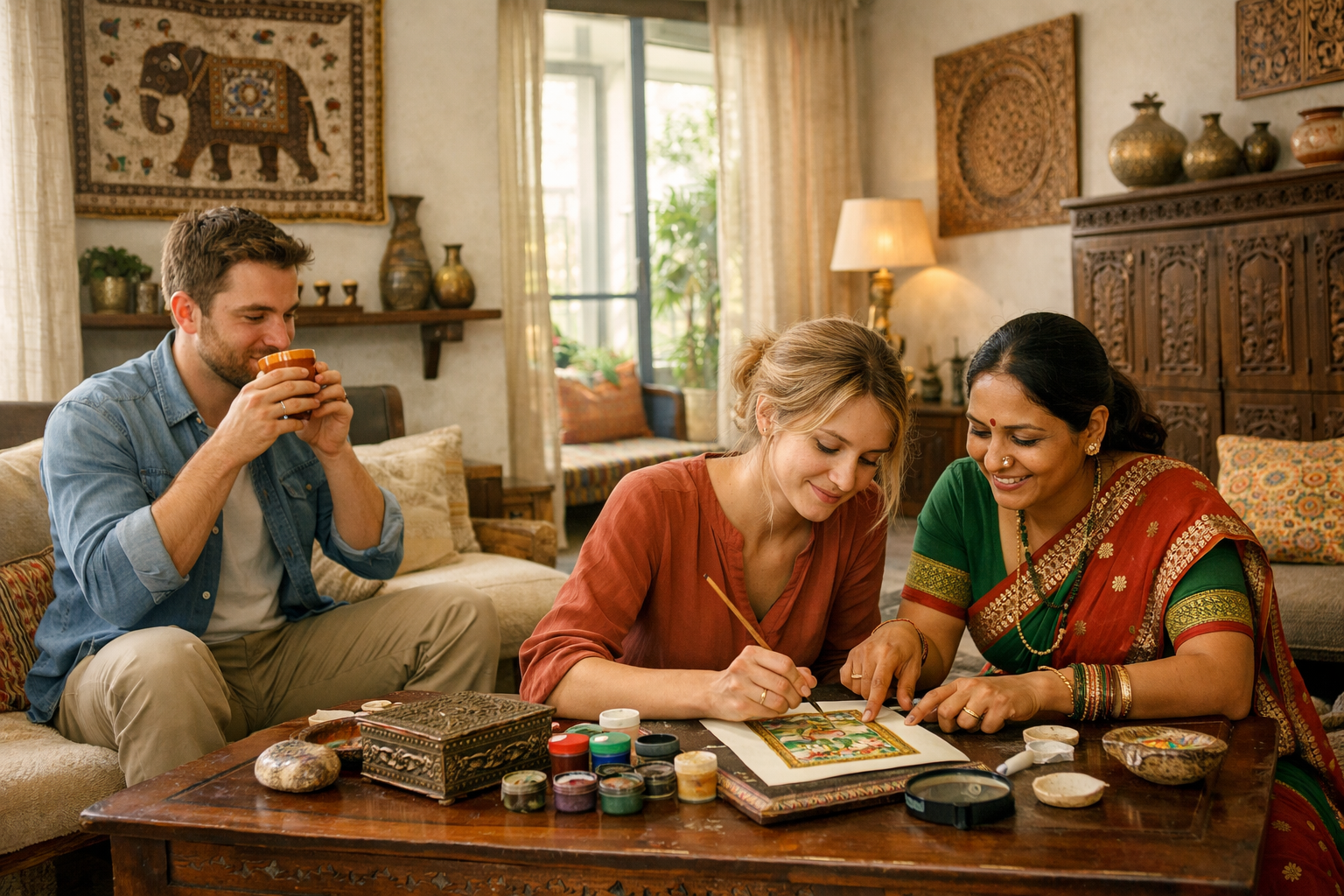 Detailed () image showcasing a couple engaged in a unique local immersion experience within a stylish Airbnb in Gurgaon. One