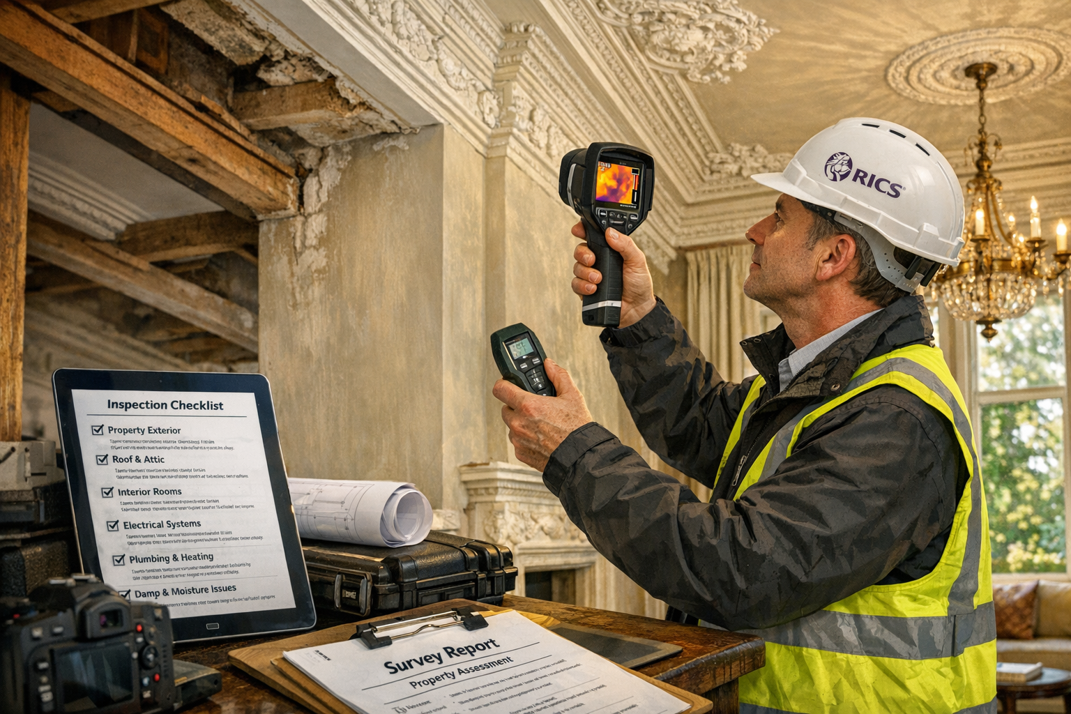 Detailed () image showing professional RICS surveyor conducting comprehensive building inspection inside luxury property,