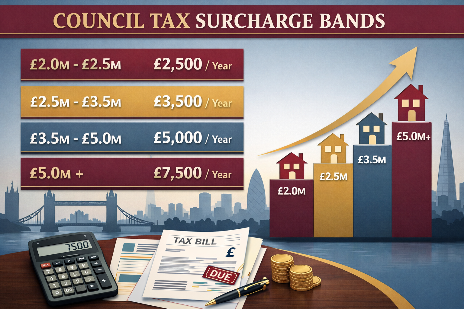 () infographic-style visualization displaying four-tiered council tax surcharge bands with property value ranges (£2.0-2.5M,
