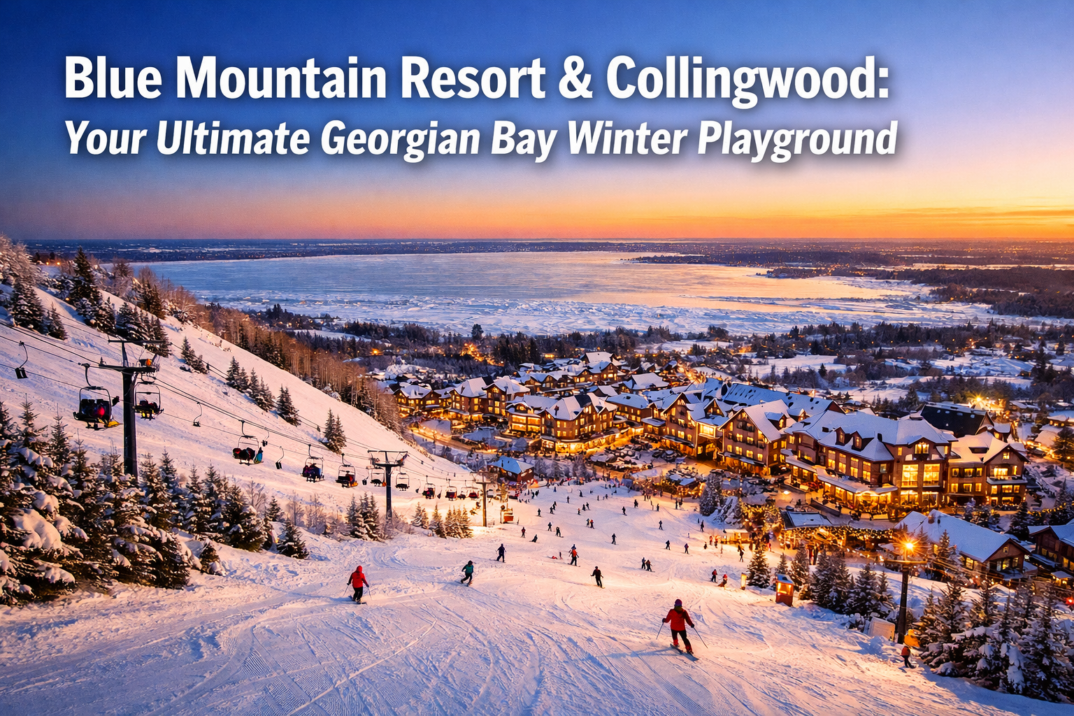 Professional landscape hero image (1536x1024) featuring bold text overlay 'Blue Mountain Resort & Collingwood: Your Ultimate Georgian Bay Wi