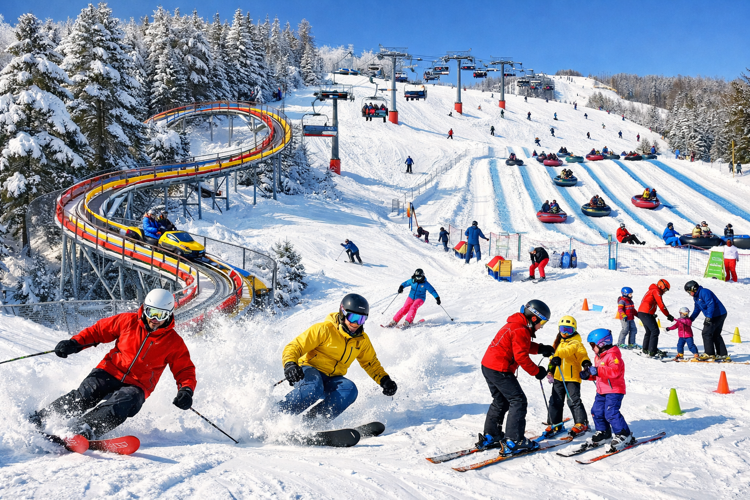 Detailed landscape image (1536x1024) showing dynamic Blue Mountain skiing action with multiple skiers and snowboarders carving fresh powder 