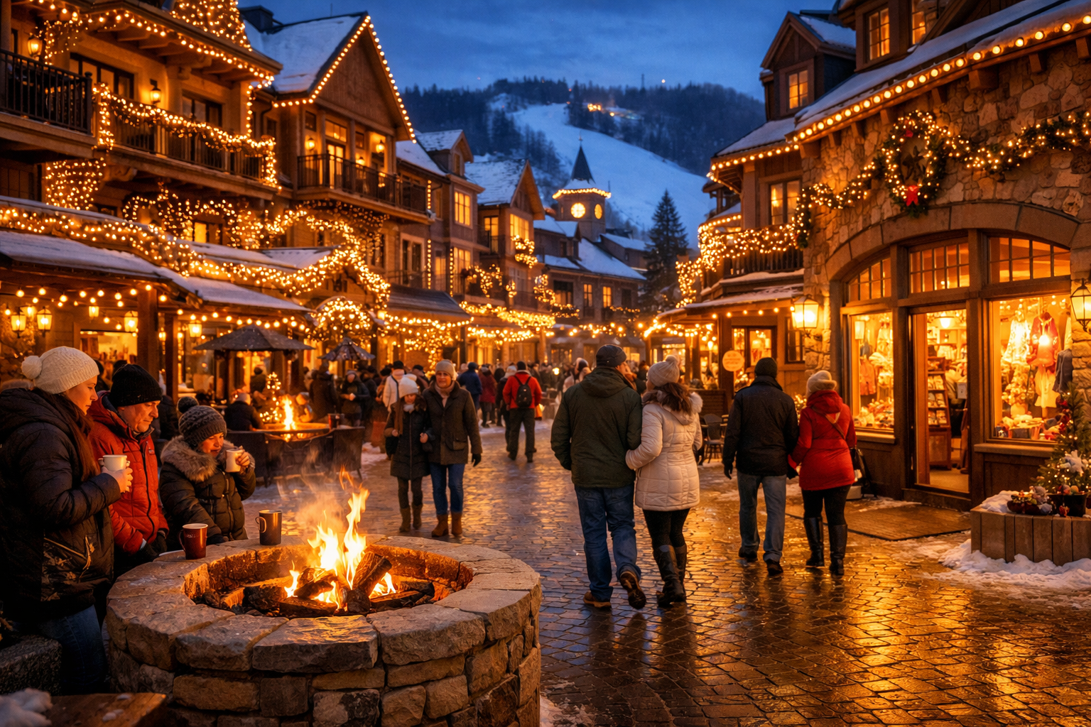 Charming landscape image (1536x1024) of Blue Mountain Village pedestrian area during golden hour winter evening, European-style architecture