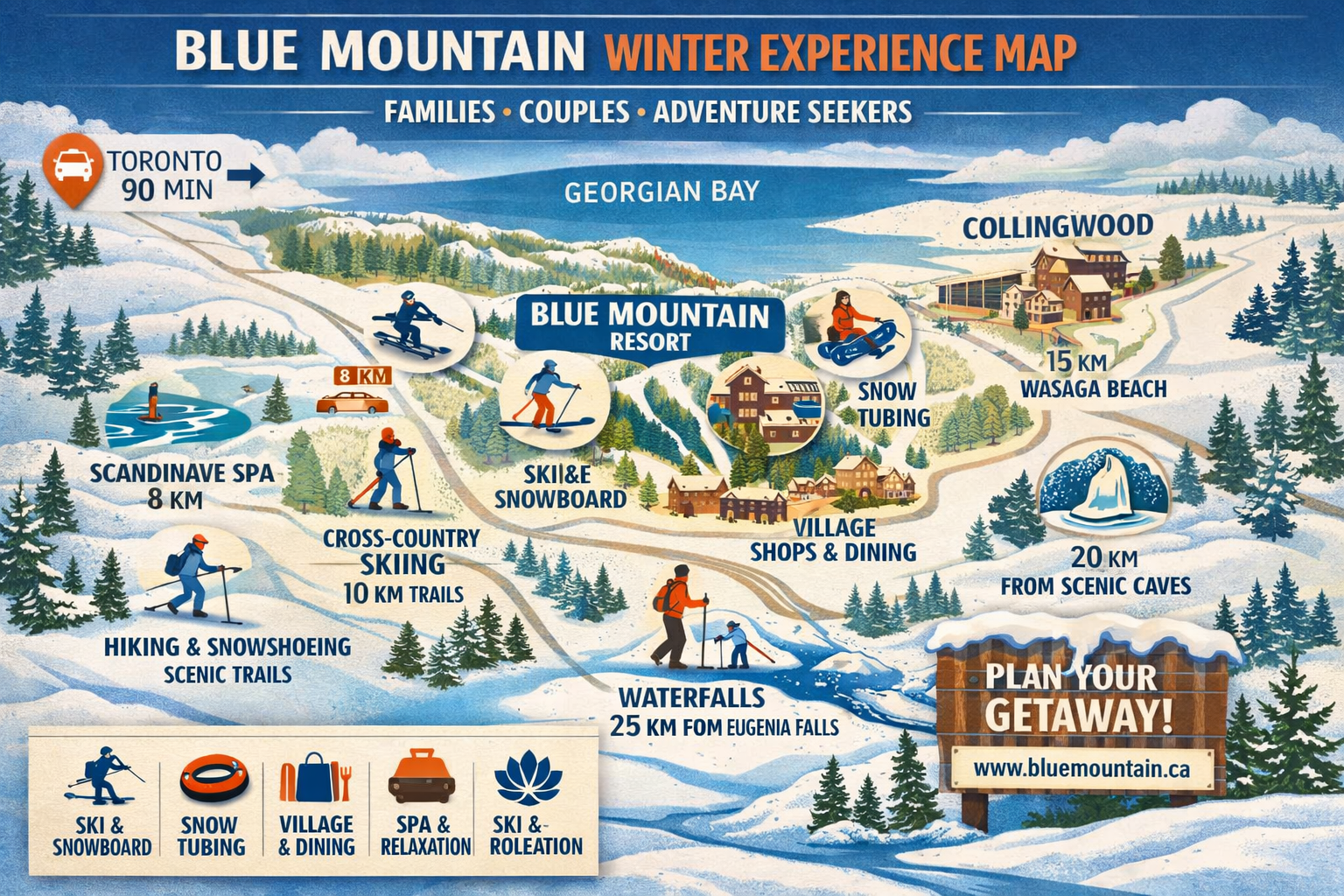 Comprehensive landscape infographic image (1536x1024) displaying Blue Mountain region winter experience map with illustrated icons and text 
