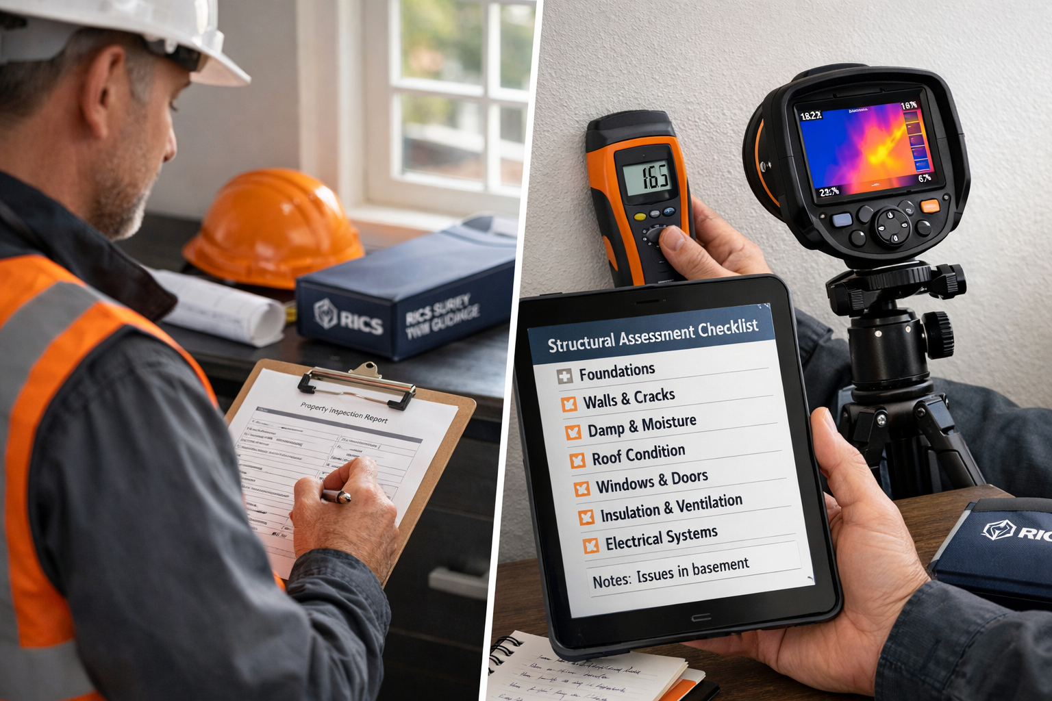 Detailed () image showing professional surveyor conducting comprehensive building inspection inside residential property,