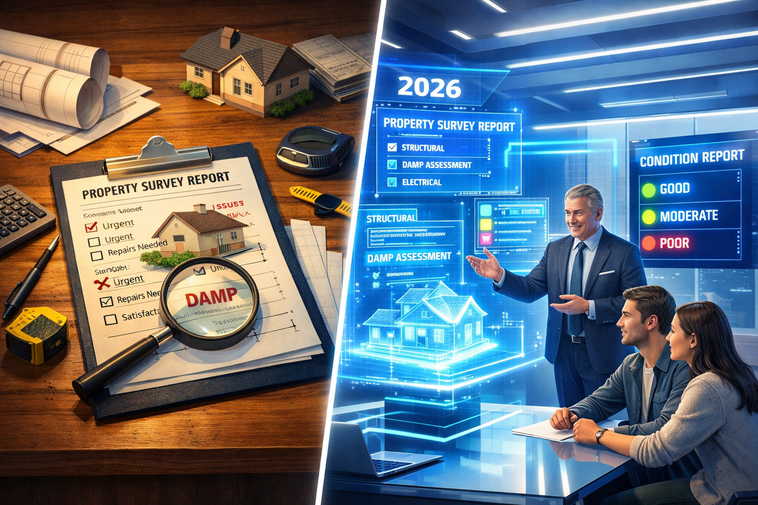 () conceptual image showing modern property transaction process, split composition with left side displaying traditional